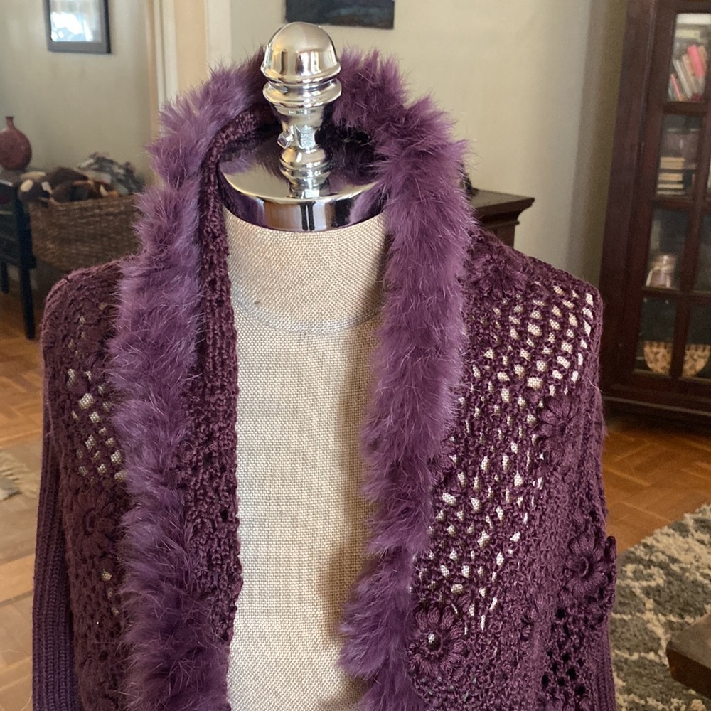Dolce Cabo Purple Faux-Fur Trim Crochet Sweater